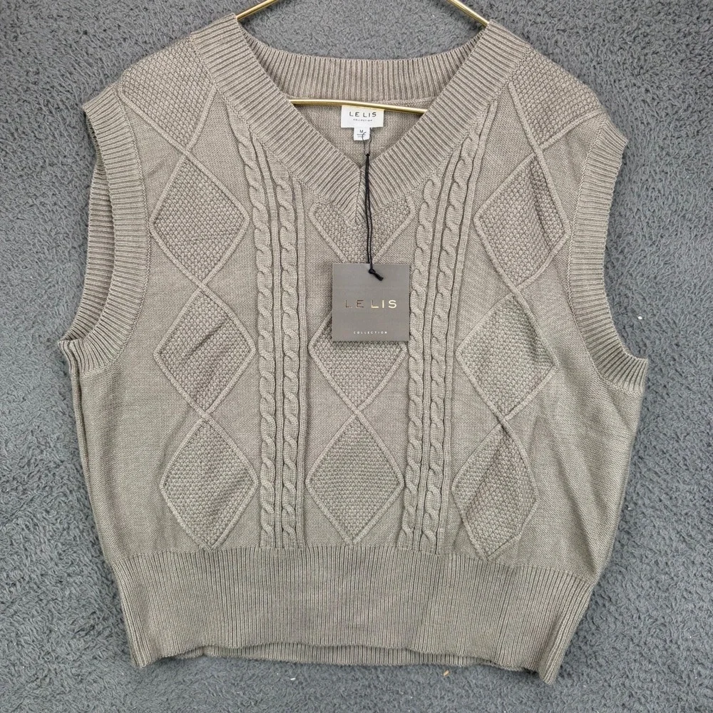 Le Lis Collection Mens Cable Knit V-Neck Sweater Vest Taupe Brown Size M NEW